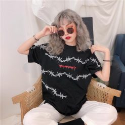 ItGirl Shop Sale Wire Letters Print Black Pink Loose T-Shirt Aesthetic Clothing