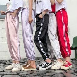 ItGirl Shop Satin Shiny Pastel Colours Side Sport Stripes Elastic Pants