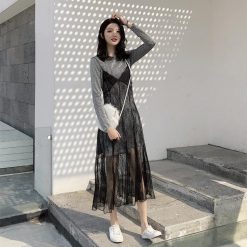 ItGirl Shop Tops + T-Shirts Shiny Silver Long Sleeve Top Lace Floral Transparent Long Vintage Dress