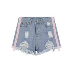 ItGirl Shop Y2k Aesthetic Outfits Side Pink Lines Light Blue Denim Holes Jean Shorts