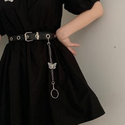ItGirl Shop Fairycore Silver Butterfly Chain Egirl Aesthetic Black Waist Belt