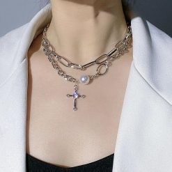 ItGirl Shop Pastel Goth Silver Cross Pendant Goth Aesthetic Chain Necklace