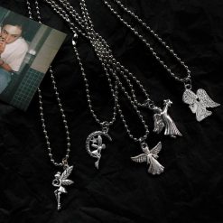 ItGirl Shop Angelcore Silver Metallic Angel Figurines Necklace