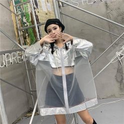 ItGirl Shop Silver Transparent Mesh Hooded Oversized Jacket