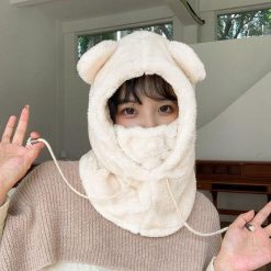 ItGirl Shop Soft Aesthetic Bear Ears Plush Hat And Mask