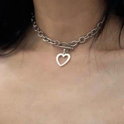 ItGirl Shop Y2k Aesthetic Outfits Soft Aesthetic Heart Silver Pendant Chain Necklace