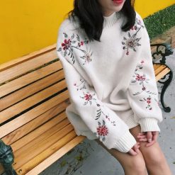 ItGirl Shop Soft Girl Aesthetic Soft Fluffy Flowers Embroindery Long Sleeve Oversized Sweatshirt