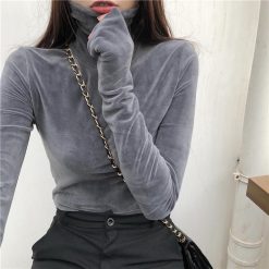 ItGirl Shop Soft Velvet Korean Fashion Turtleneck Long Sleeve Blouse NEW