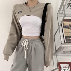 ItGirl Shop NEW Sporty Cropped Sweatshirt And Crop Top + Grey Trousers
