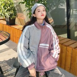 ItGirl Shop NEW Sporty Lines Gray Pink Loose Jacket