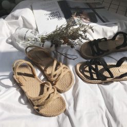 ItGirl Shop Cottagecore Fashion Straw Black Beige Summer Gladiator Flat Sandals