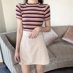 ItGirl Shop Striped Short Sleeve Slim Knit Top + High Waist Skirt Set Artsy Outfit