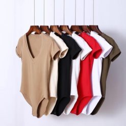 ItGirl Shop Dark Academia Outfits Summer Short Sleeve Solid Colors Deep V-Neck Bodysuit