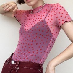ItGirl Shop Transparent Hearts Pattern Pink White Black Thin Slim Shirt Y2k Aesthetic Outfits