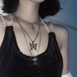 ItGirl Shop Tumblr Grunge Set Of Silver Chains And Pendants Necklace Aesthetic Grunge