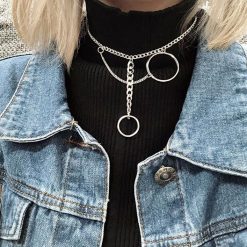 ItGirl Shop Two Metallic Rings Chains Choker Necklace Pastel Goth