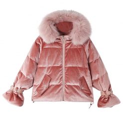 ItGirl Shop NEW Velvet Faux Fur Hood Pink Gray Puff Padded Outwear Jacket