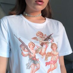 ItGirl Shop Aesthetic Clothing Vintage Aesthetic Armed Three Angels Print T-Shirt