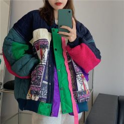 ItGirl Shop Vintage Aesthetic Colorful Patchwork Loose Bomber Jacket