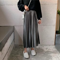 ItGirl Shop Vintage Black Silver Pleated Long High Waist Skirt
