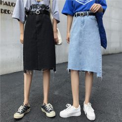 ItGirl Shop Vintage Blue Black Denim High Waist Ripped Midi Skirt Y2k Aesthetic Outfits