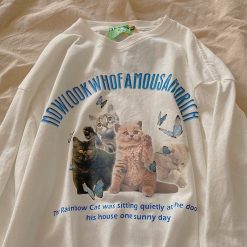 ItGirl Shop Vintage Cute Kittens Aesthetic Meme Print Loose Shirt