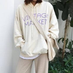 ItGirl Shop Vintage Market Letter Print Loose Hooded Sweatshirt