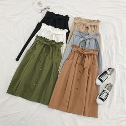 ItGirl Shop Vintage Solid Colors High Waist Bow Belt Midi Skirt Cottagecore Fashion