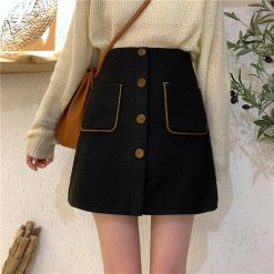ItGirl Shop Dark Academia Outfits Vintage Woolen A Line High Waist Skirt With Buttons