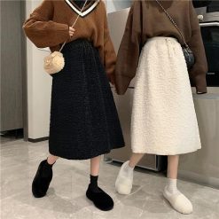 ItGirl Shop Warm Lamb Faux Fur Elastic Waist Long Skirt