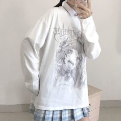 ItGirl Shop White Anime Print Oversized Thin Sweatshirt
