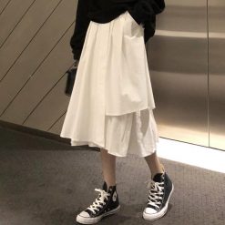 ItGirl Shop Cottagecore Fashion White Black High Waist Irregular Light Midi Skirt