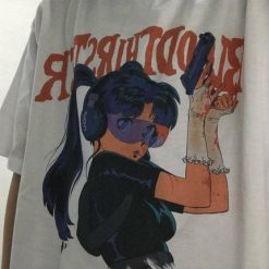 ItGirl Shop White Black Retro Anime Gun Girl Print Oversized T-Shirt Anime Clothing