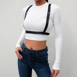 ItGirl Shop NEW White Black Straps Long Sleeve Crop Shirt