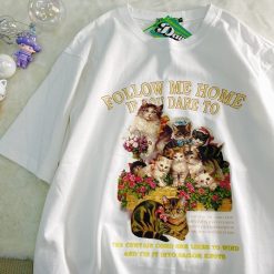 ItGirl Shop White Cute Vintage Cats Art Print Oversized T-Shirt