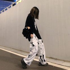 ItGirl Shop Artsy Outfit White Line Art Print E Girl Loose Wide Pants