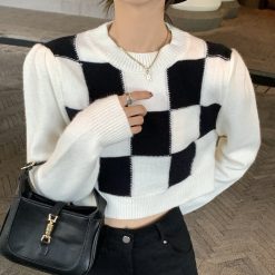 ItGirl Shop White Retro Checkered Pattern Knit Cropped Sweater