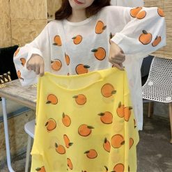 ItGirl Shop White Yellow Oranges Print Thin Transparent Blouse